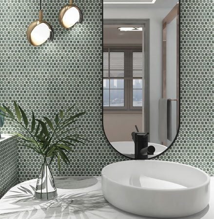 Green Penny Tile Behind the Vanity