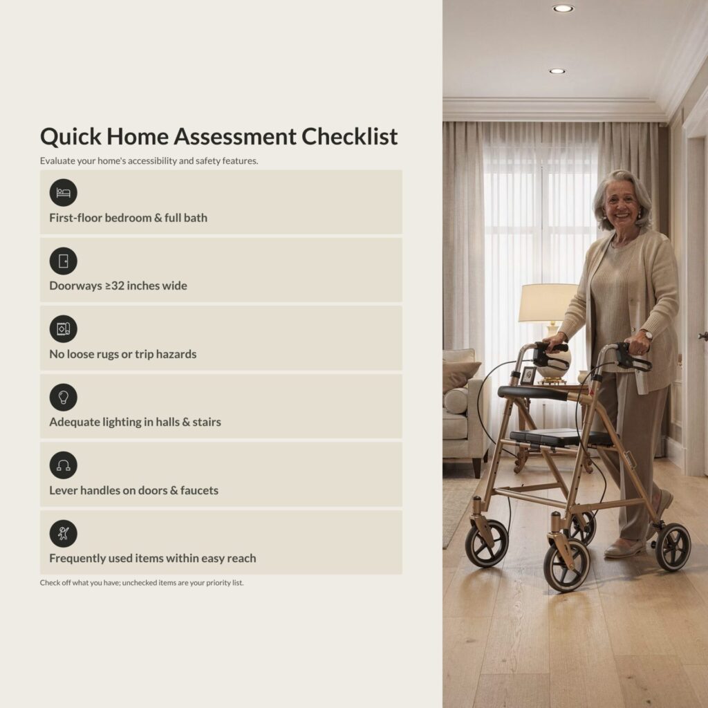 Home accessibility checklist featuring doorway width, lighting, first-floor bedroom, lever handles, and trip hazard removal for aging in place safety.