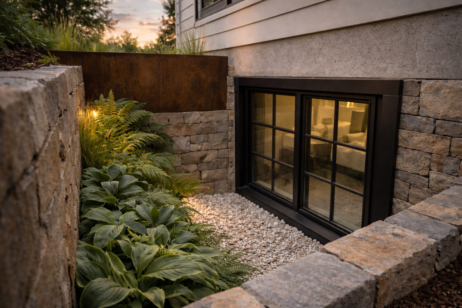 Basement egress window with black frame opening into a stone-lined exterior window well with gravel and landscaped plants at dusk