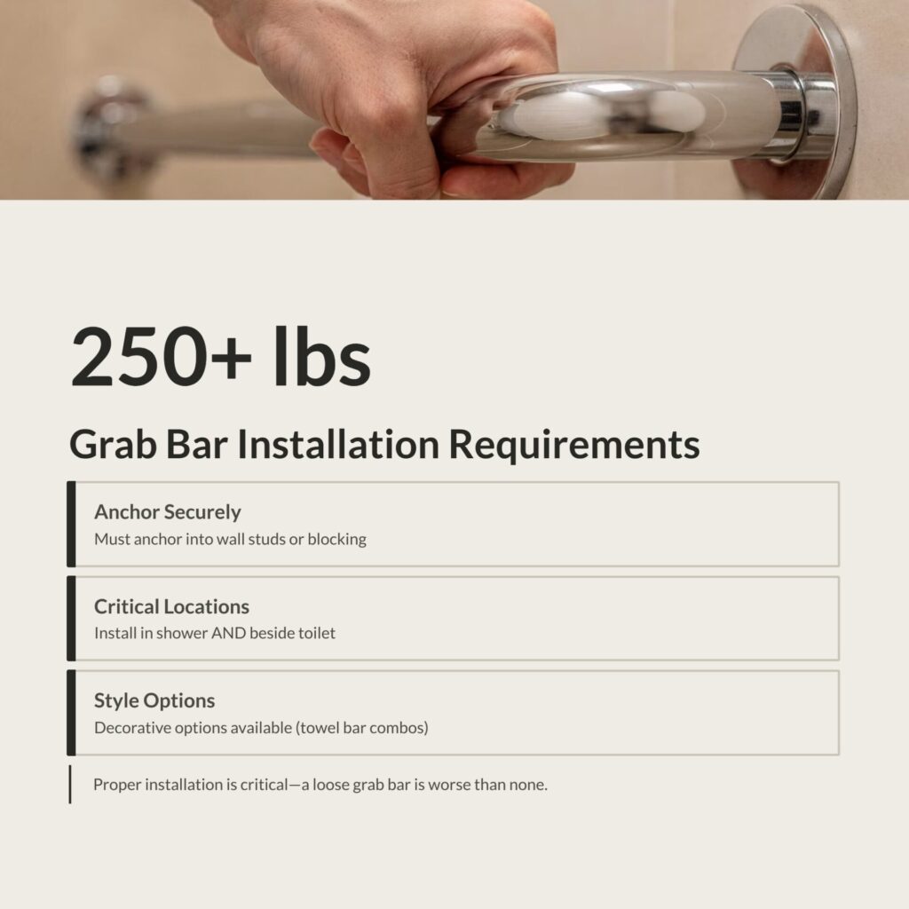 Bathroom grab bar securely installed into wall studs to support at least 250 pounds for senior safety and fall prevention.