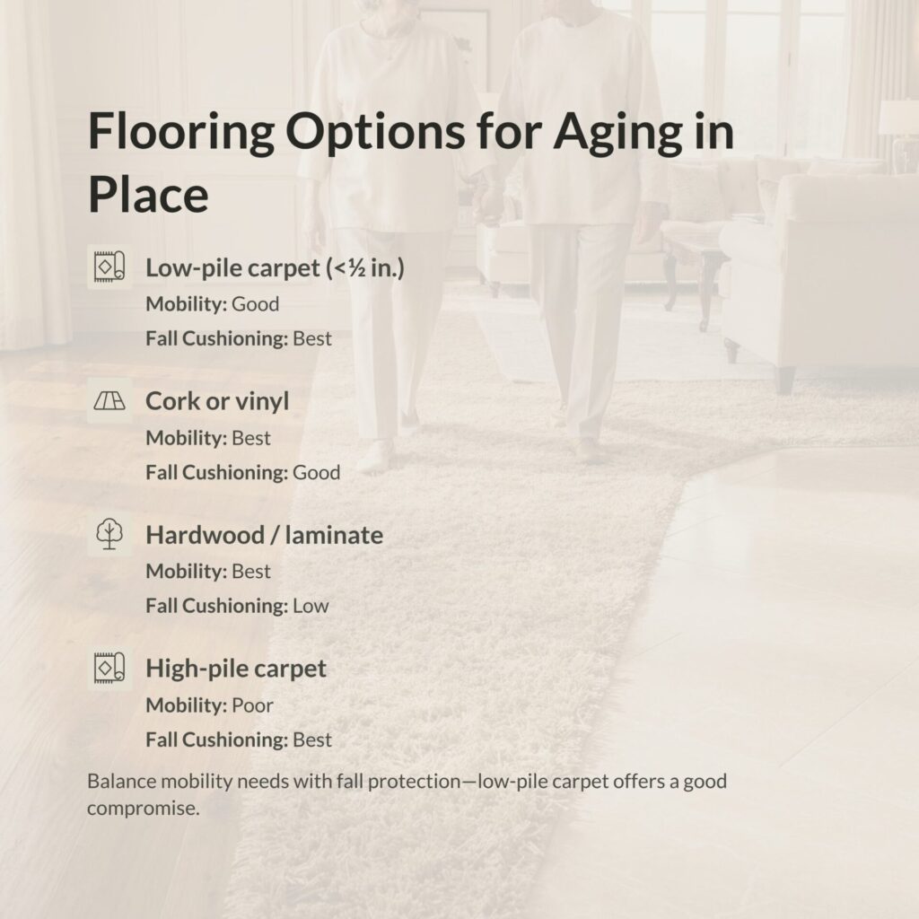 Comparison of flooring options for aging in place including low-pile carpet, cork, vinyl, hardwood, and high-pile carpet with mobility and fall safety ratings.