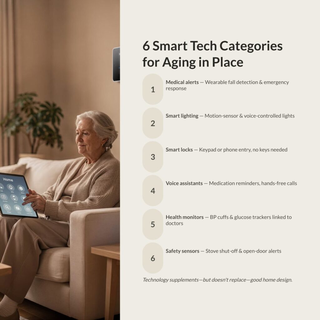 Senior using tablet at home with list of smart home technology categories including medical alerts, smart lighting, locks, voice assistants, and safety sensors.