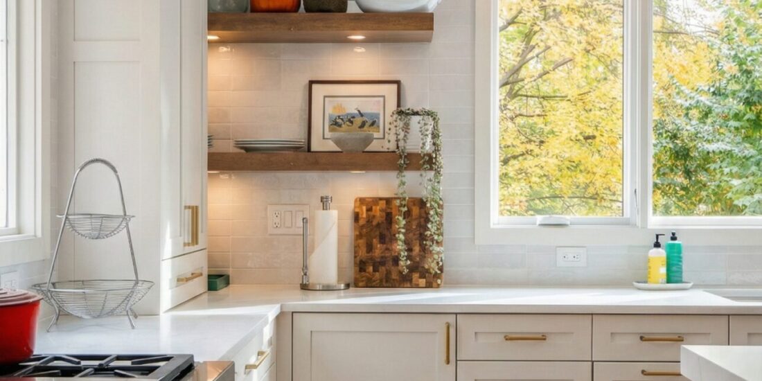 Bright modern kitchen from a full house renovation in McLean, VA, featuring white cabinetry, wood floating shelves, quartz countertops, and a large window with natural light.