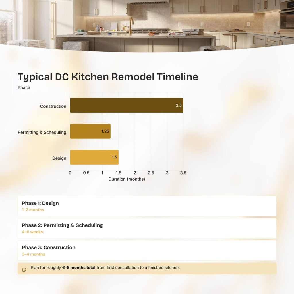 Lollipop chart breaking down the typical DC kitchen remodel timeline into three phases: design at 1 to 2 months, permitting and scheduling at 4 to 6 weeks, and construction at 3 to 4 months, totaling roughly 6 to 8 months.