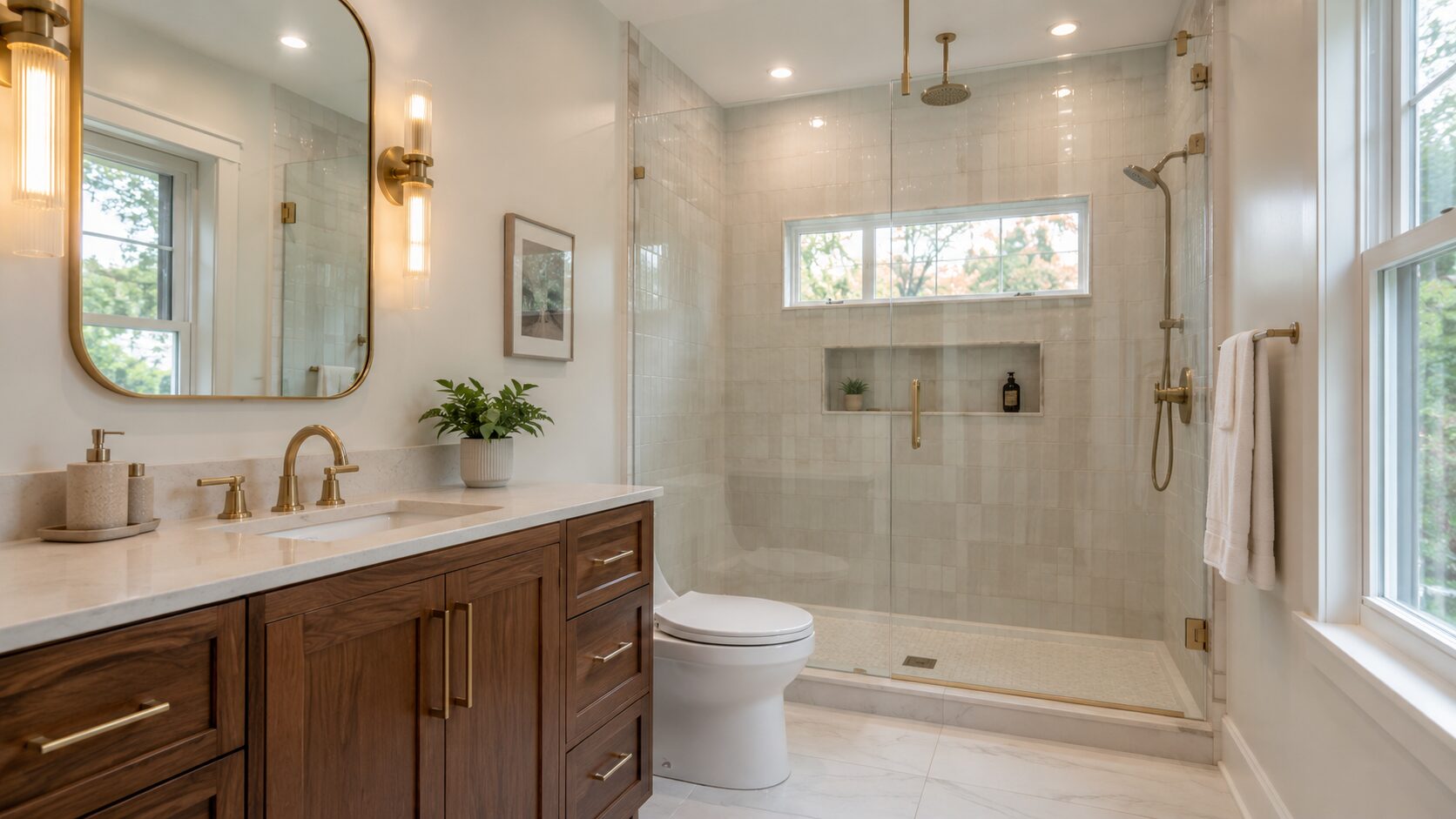 Bright modern bathroom addition with wood vanity, brass fixtures, glass shower, light tile, and natural daylight.