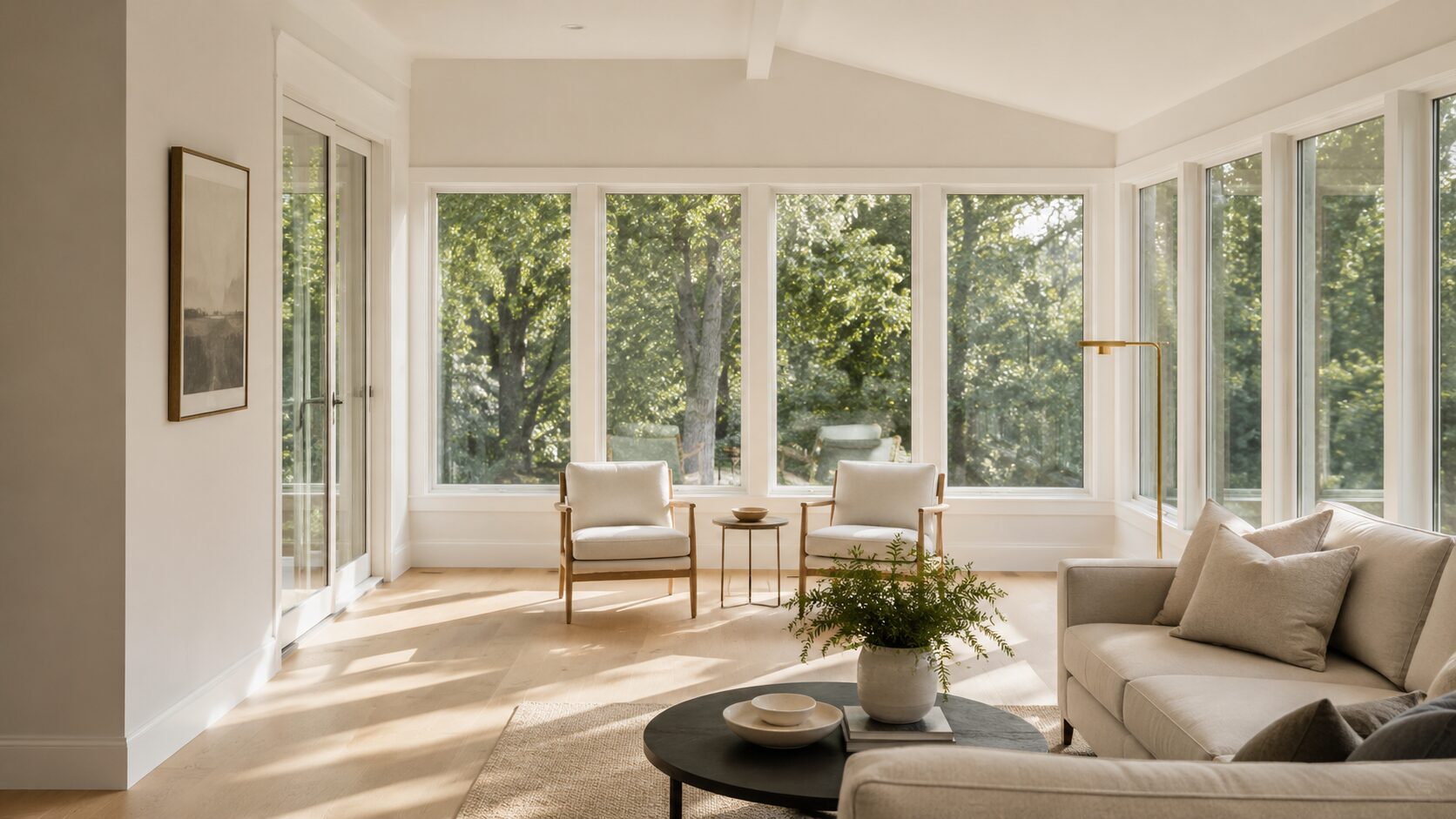 Sunlit home addition with large windows, pale oak floors, neutral seating, and brass floor lamp overlooking trees.