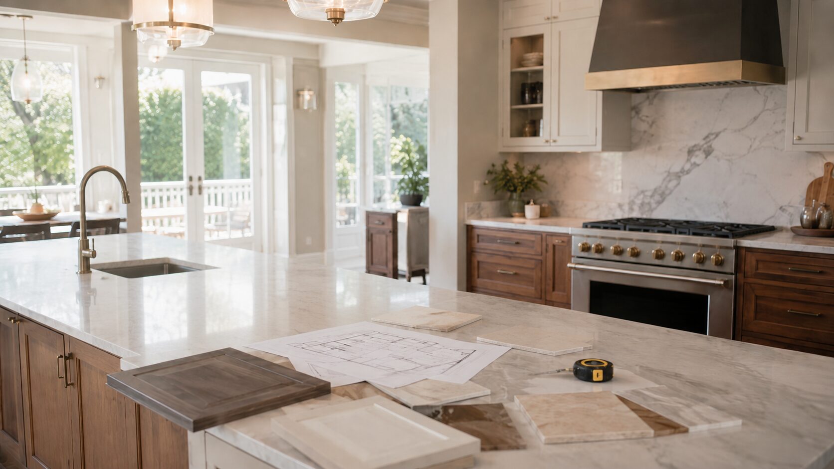 Modern luxury bathroom with a walk-in glass shower, floating wood vanity, wall-mounted toilet, illuminated recessed niches, and warm brass fixtures.