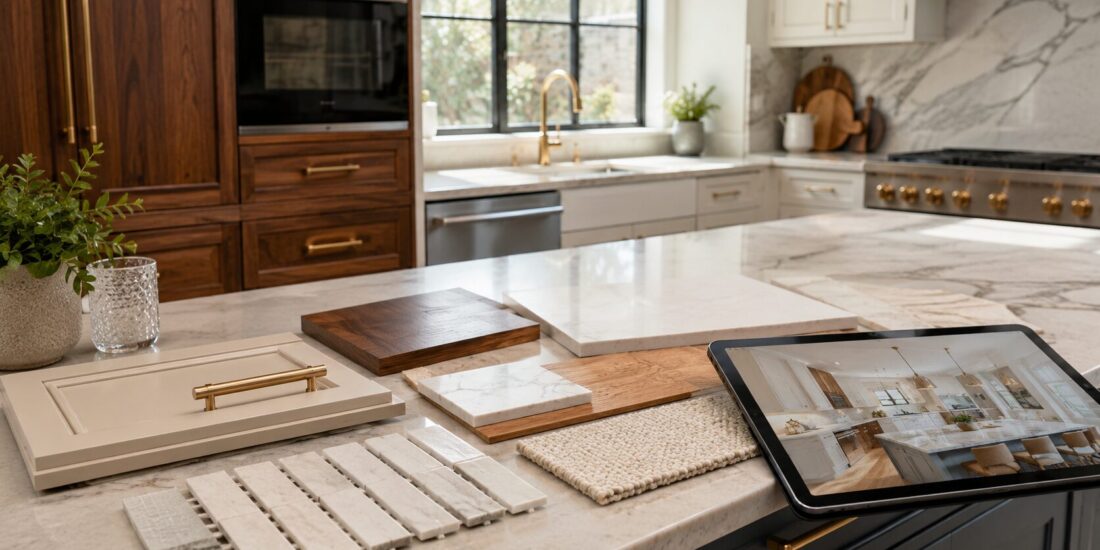Finished kitchen design selections with cabinet, tile, countertop, flooring samples, and a digital rendering on a tablet.