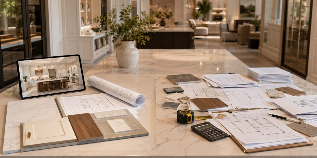 Luxury design studio table with organized material samples and plans beside separate stacks of drawings, samples, calculator, and tape measure for a design-build vs general contractor comparison.