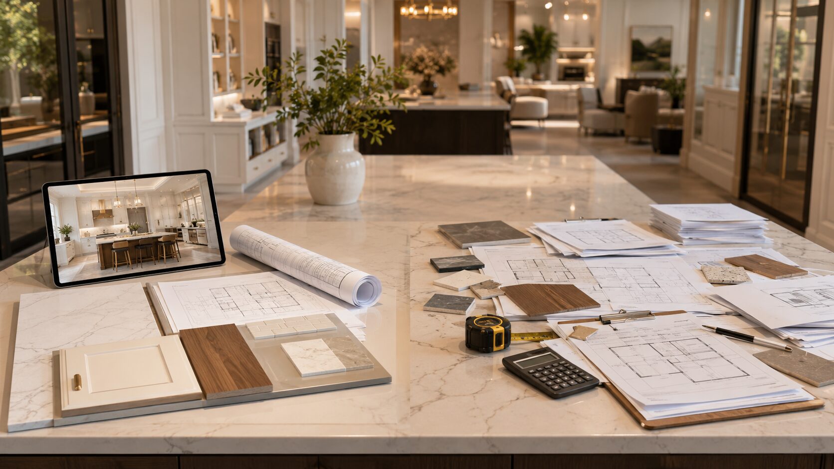Luxury design studio table with organized material samples and plans beside separate stacks of drawings, samples, calculator, and tape measure for a design-build vs general contractor comparison.