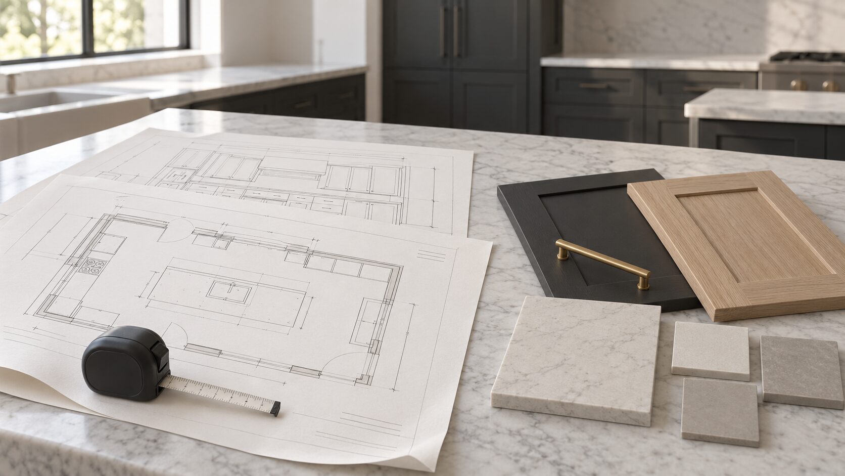 Permit drawings for a home remodel in Virginia, with plan sheets, a tape measure and material samples on a marble kitchen island